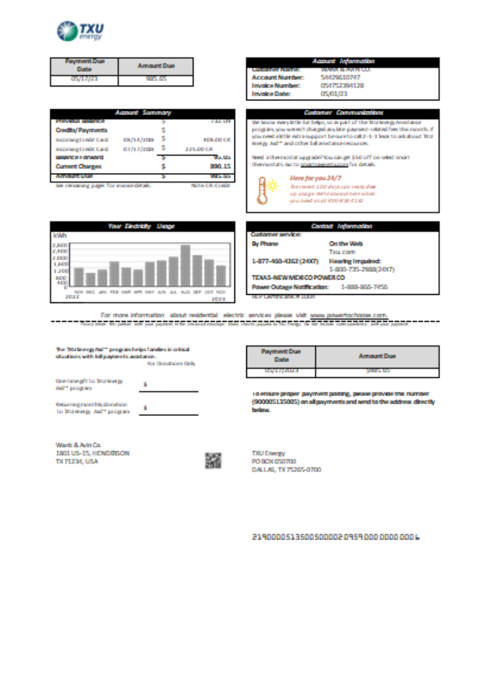 Texas TXU Energy utility business bill SCR PSD template